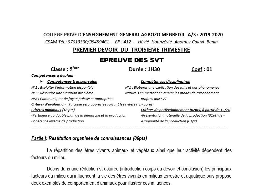 Aperçu de la première page — SVT Compilation Devoir 1 Trimestre 3 CPEG Agbozo Mégbédji (Abomey Calavi) 2019 2020