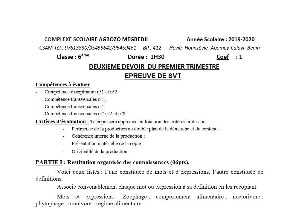 Aperçu de la première page — SVT Compilation Devoir 2 Trimestre 1 CPEG Agbozo Mégbédji (Abomey Calavi) 2019 2020 (2)