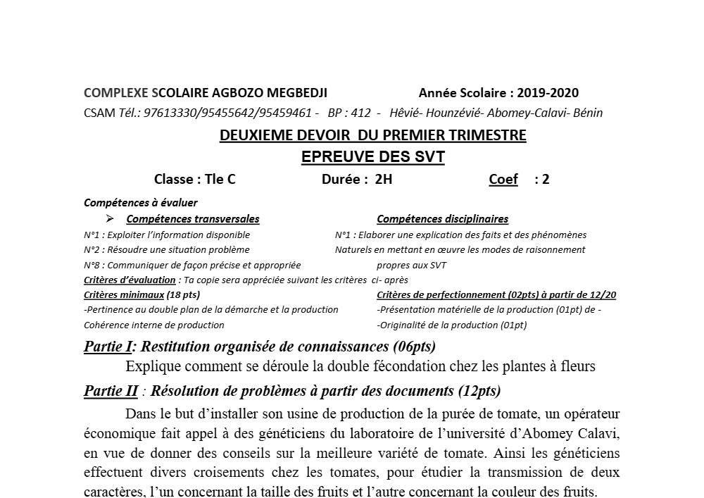Aperçu de la première page — SVT Compilation Devoir 2 Trimestre 1 CPEG Agbozo Mégbédji (Abomey Calavi) 2019 2020