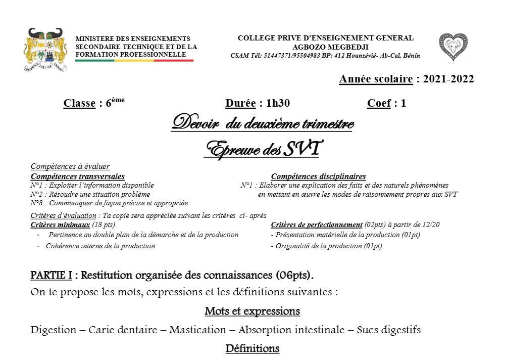 Aperçu de la première page — SVT Compilation Devoir 2 Trimestre 2 CPEG Agbozo Mégbédji (Abomey Calavi) 2021 2022