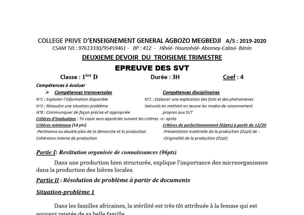 Aperçu de la première page — SVT Compilation Devoir 2 Trimestre 3 CPEG Agbozo Mégbédji (Abomey Calavi) 2019 2020