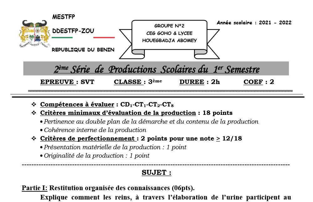 Aperçu de la première page — 3eme - 2eme devoir du 2eme Semestre - SVT GOHO