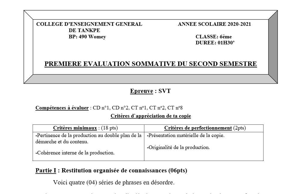 Aperçu de la première page — SVT Compilation Devoir Surveillé (Mars 2021) 2020 2021