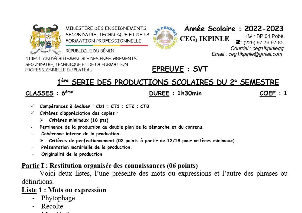 Aperçu de la première page — SVT Compilation Devoir Surveillé (Mars 2023) CEG1 Ikpinlè 2022 2023