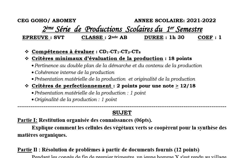 Aperçu de la première page — 2nde A - 2eme devoir du 2eme Semestre - SVT GOHO