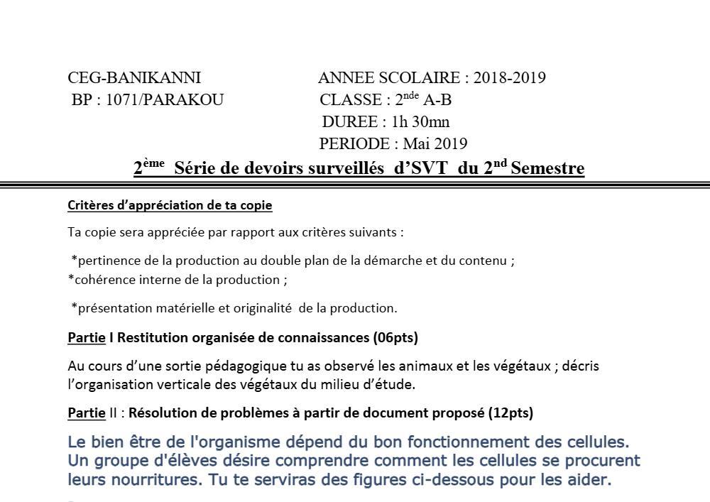 Aperçu de la première page — SVT Compilation Devoir 2 Semestre 2 CEG Banikanni (Parakou) 2018 2019