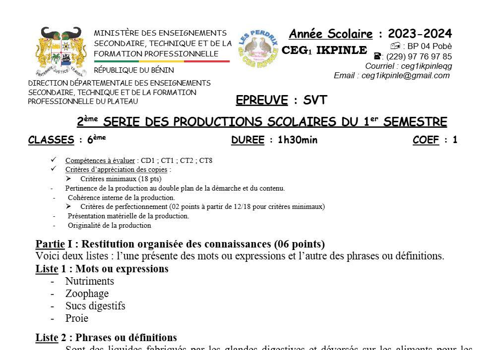 Aperçu de la première page — SVT Compilation Devoir Surveillé (Janvier 2024) CEG1 Ikpinlè 2023 2024