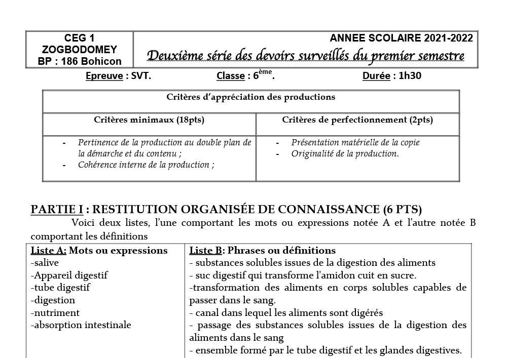 Aperçu de la première page — 6eme - 2ème Devoir du 1er semestre - SVT Zogbodomey
