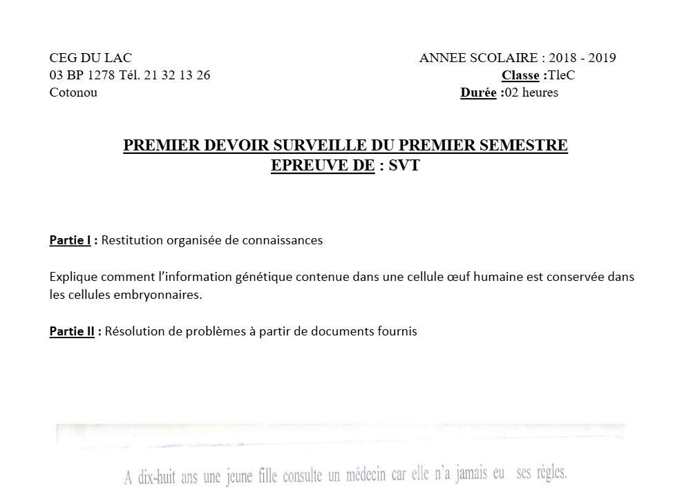 Aperçu de la première page — SVT Tle C Devoir 1 Semestre 1 CEG du Lac (Cotonou) 2018 2019
