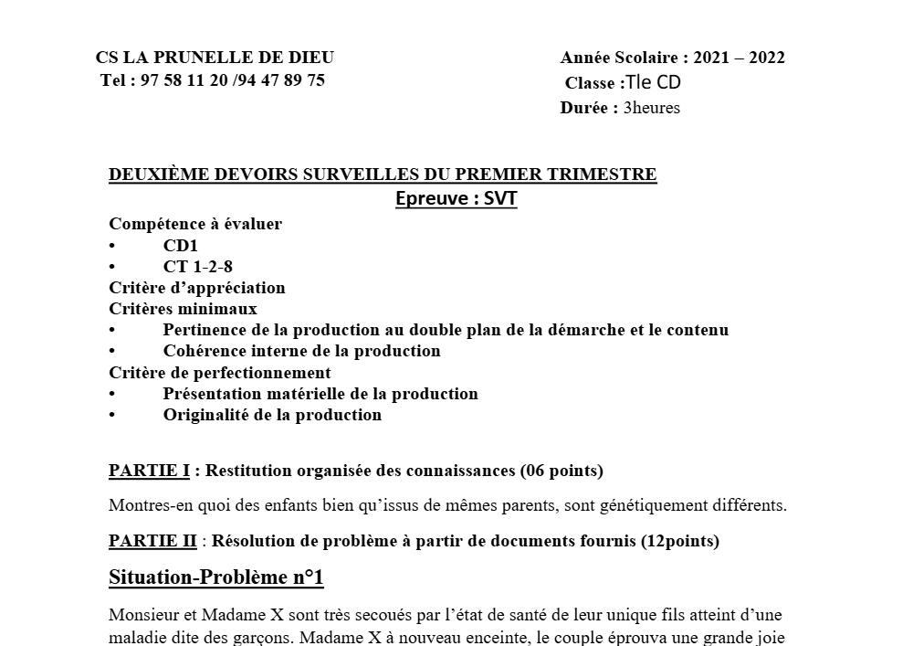 Aperçu de la première page — SVT Tle C D Devoir 2 Trimestre 1 CS La Prunelle de Dieu 2021 2022