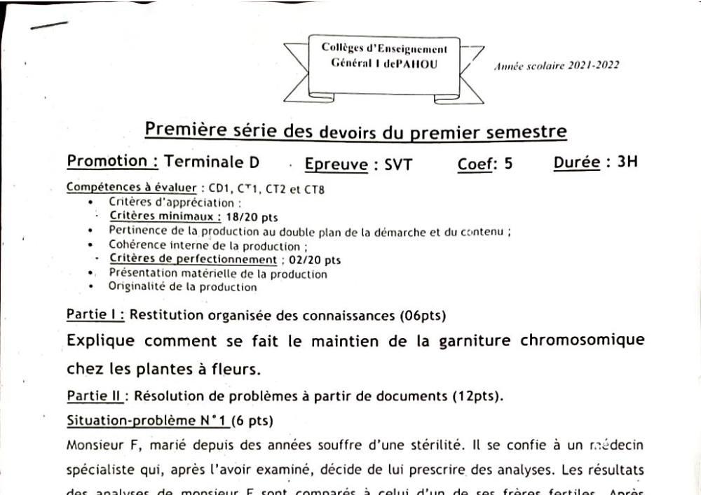 Aperçu de la première page — SVT Tle D Devoir 1 Semestre 1 CEG Pahou (Ouidah) 2021 2022
