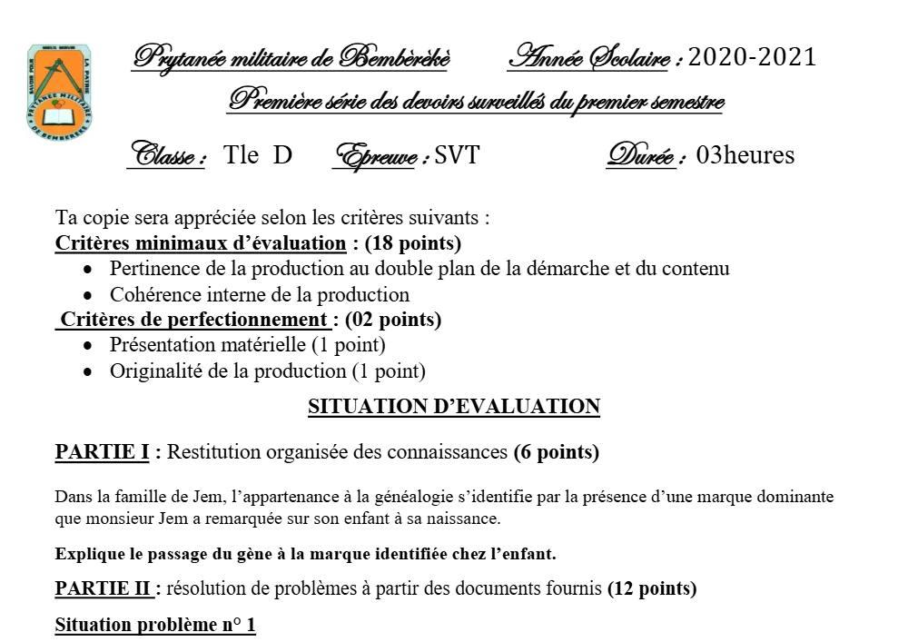 Aperçu de la première page — SVT Tle D Devoir 1 Semestre 1 Prytanée Militaire (Bembèrèkè) 2020 2021