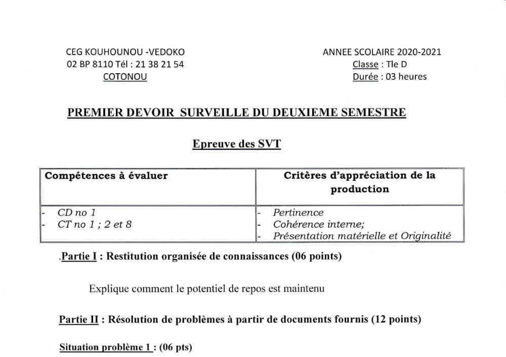 Aperçu de la première page — SVT Tle D Devoir 1 Semestre 2 CEG Kouhounou Védoko (Cotonou) 2020 2021