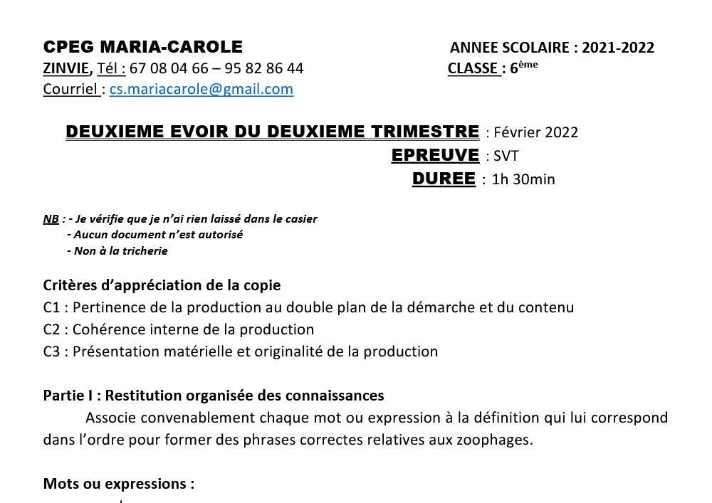 Aperçu de la première page — 6eme - 2ème Devoir du 2eme Trimestre - SVT CPEG MARIA-CAROLE