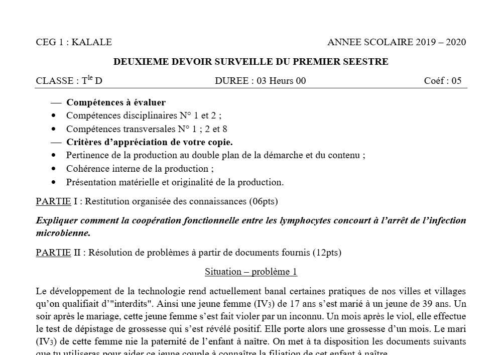 Aperçu de la première page — SVT Tle D Devoir 2 Semestre 1 CEG1 Kalalé (Kalalé) 2019 2020