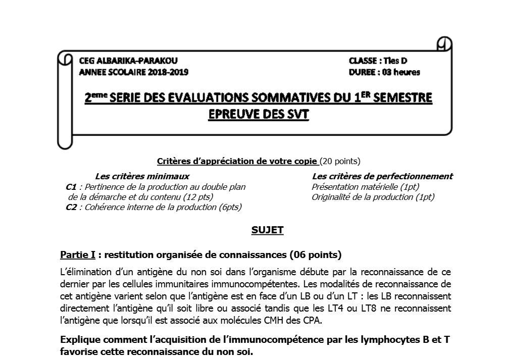 Aperçu de la première page — SVT Tle D Devoir 2 Semestre 1 CEG Albarika (Parakou) 2018 2019