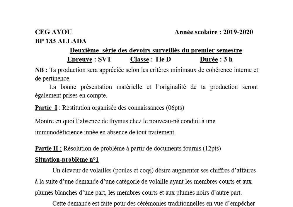 Aperçu de la première page — SVT Tle D Devoir 2 Semestre 1 CEG Ayou (Allada) 2019 2020