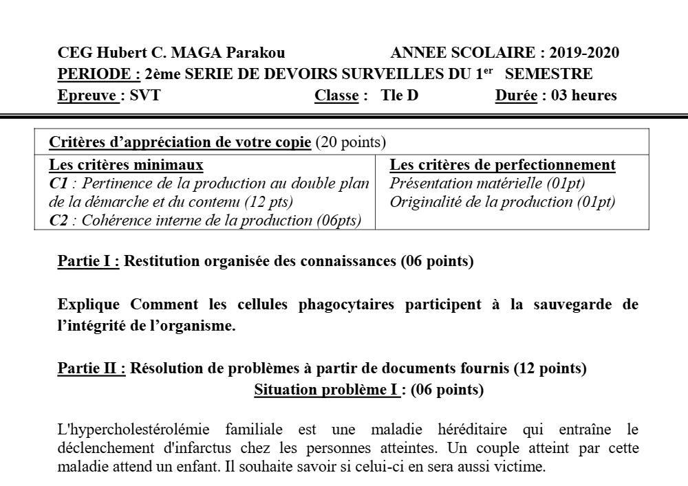 Aperçu de la première page — SVT Tle D Devoir 2 Semestre 1 CEG Hubert Maga (Parakou) 2019 2020