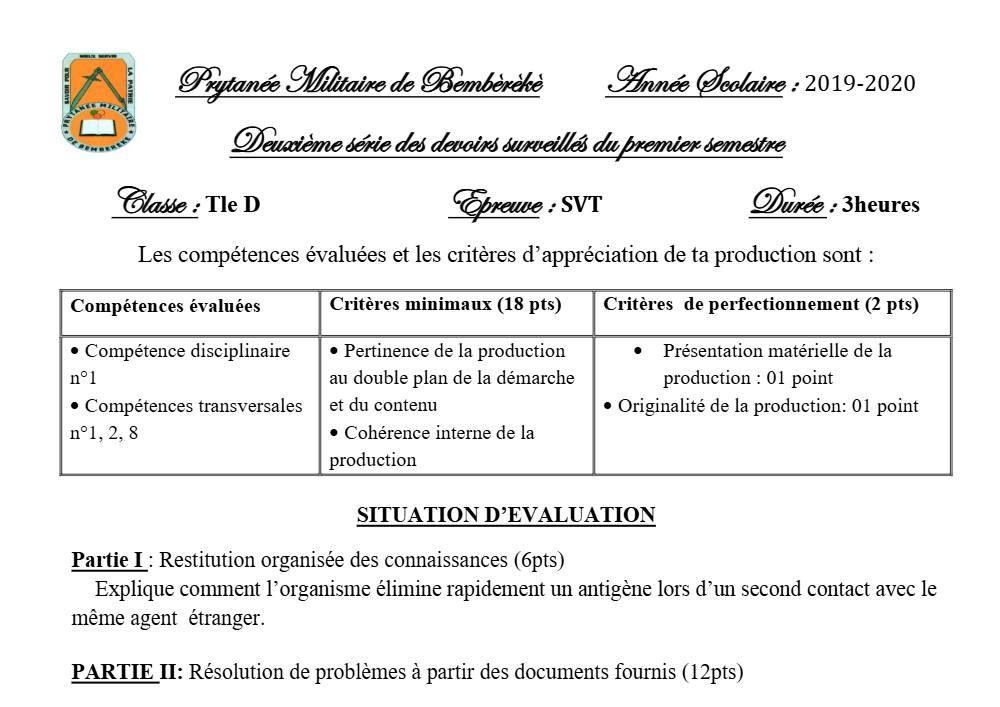Aperçu de la première page — SVT Tle D Devoir 2 Semestre 1 Prytanée Militaire (Bembèrèkè) 2019 2020