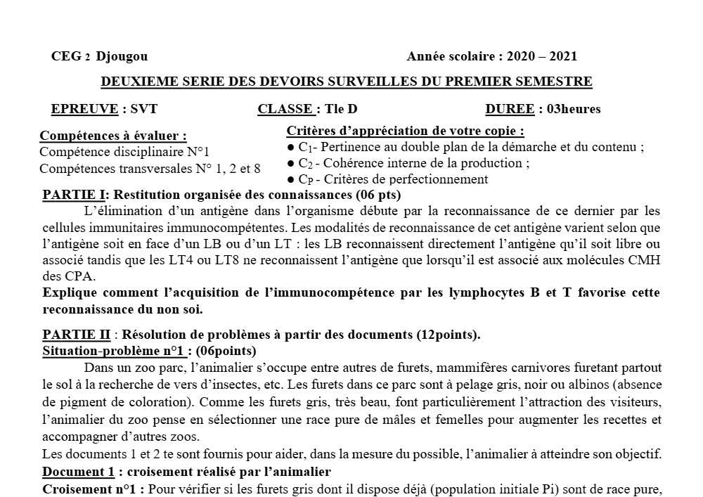 Aperçu de la première page — SVT Tle D Devoir Surveillé (Février 2021) 2020 2021