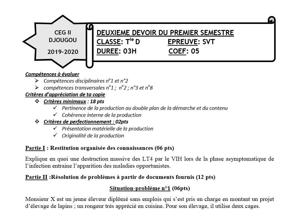 Aperçu de la première page — SVT Tle D Devoir Surveillé (Janvier 2020) 2019 2020