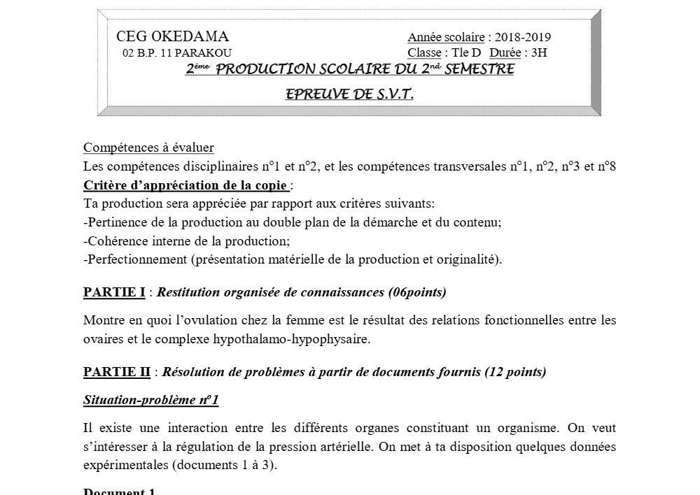 Aperçu de la première page — SVT Tle D Devoir Surveillé (Mai 2019) CEG Okédama (Parakou) 2018 2019