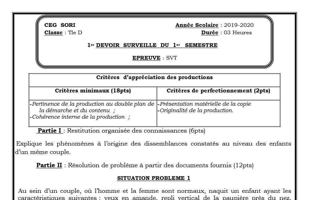 Aperçu de la première page — SVT Tle D Devoir Surveillé (Novembre 2019) 2019 2020