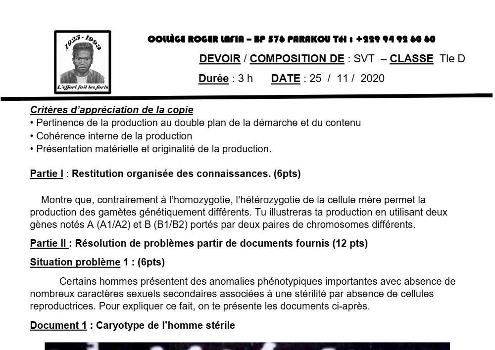 Aperçu de la première page — SVT Tle D Devoir Surveillé (Novembre 2020) Collège Roger Lafia (Parakou) 2020 2021