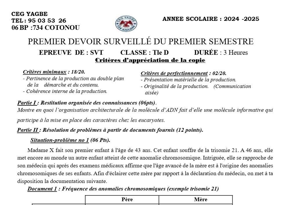 Aperçu de la première page — SVT Tle D Devoir Surveillé (Novembre 2024) CEG Yagbé (Cotonou) 2024 2025